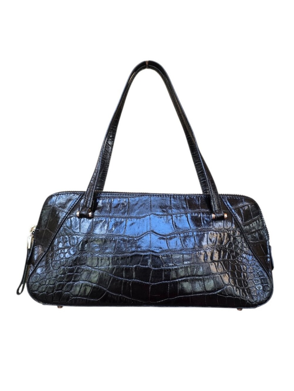 Monsac Black Croc Embossed Vintage Italian Leather Handbag